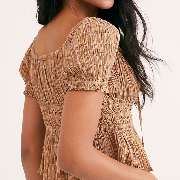 FREE PEOPLE VIVI COTTON CROPPED SMOCKED STRIPED TOP IN IVORY S, M - Picture 3 of 14